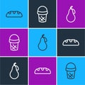 Set line Bread loaf, Pear and Ice cream in waffle icon. Vector