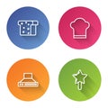 Set line Bread toast, Chef hat, Kitchen extractor fan and Lollipop. Color circle button. Vector