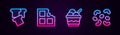 Set line Bread toast, Chocolate bar, Ice cream in bowl and Jelly candy. Glowing neon icon. Vector