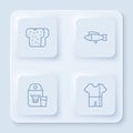 Set line Bread toast, Fish, Paper package for milk and Sport track suit. White square button. Vector