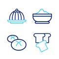 Set line Bread toast, loaf, Flour bowl and Pudding custard icon. Vector
