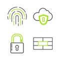 Set line Bricks, Open padlock, Cloud and shield and Fingerprint icon. Vector Royalty Free Stock Photo