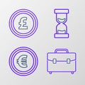 Set line Briefcase, Coin money with euro symbol, Old hourglass flowing sand and pound sterling icon. Vector Royalty Free Stock Photo