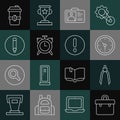 Set line Briefcase, Drawing compass, Clock, Identification badge, Alarm clock, Pencil, Coffee cup to go and Speech Royalty Free Stock Photo