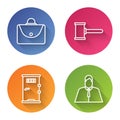 Set line Briefcase, Judge gavel, Prison cell door and Lawyer, attorney, jurist. Color circle button. Vector