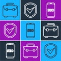 Set line Briefcase, Mobile phone SEO optimization and Shield with check mark icon. Vector