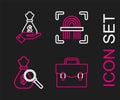Set line Briefcase, Money bag and magnifying glass, Fingerprint and Hand holding money icon. Vector Royalty Free Stock Photo
