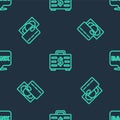 Set line Briefcase and money, Credit card and Bank building on seamless pattern. Vector