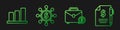 Set line Briefcase and money, Pie chart infographic, Dollar, share, network and Contract money and pen. Gradient color