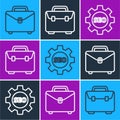 Set line Briefcase, Seo tag with gear wheel and Briefcase icon. Vector