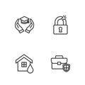 Set line Briefcase with shield, House flood, Education grant and Broken or cracked lock icon. Vector