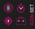 Set line Briefcase, Target with dollar symbol, Stopwatch and Cryptocurrency coin Bitcoin icon. Vector Royalty Free Stock Photo