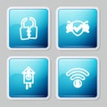 Set line Broken or cracked lock, Cyber security, Retro wall watch and Wifi locked icon. Vector