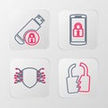 Set line Broken or cracked lock, Cyber security, Smartphone with and USB flash drive icon. Vector Royalty Free Stock Photo