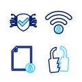 Set line Broken or cracked lock, Document and, Wifi locked and Cyber security icon. Vector