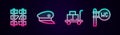 Set line Broken or cracked railway, Train driver hat, Trolley suitcase and Toilet. Glowing neon icon. Vector