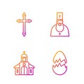 Set line Broken egg, Church building, Christian cross and Priest. Gradient color icons. Vector