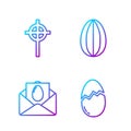 Set line Broken egg, Greeting card with Happy Easter, Christian cross and Easter egg. Gradient color icons. Vector Royalty Free Stock Photo