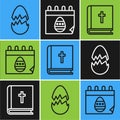 Set line Broken egg, Holy bible book and Calendar with Easter egg icon. Vector Royalty Free Stock Photo