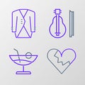 Set line Broken heart or divorce, Cocktail, Violin and Suit icon. Vector Royalty Free Stock Photo
