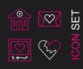 Set line Broken heart or divorce, Photo frames and hearts, Envelope with Valentine and Church building icon. Vector Royalty Free Stock Photo