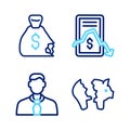 Set line Broken piggy bank, Worker, Mobile stock trading and Money bag icon. Vector Royalty Free Stock Photo