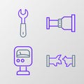 Set line Broken pipe, Pressure water meter, Pipe adapter and Wrench spanner icon. Vector