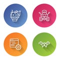 Set line Broken robot, Mars rover, Computer api interface and Drone. Color circle button. Vector Royalty Free Stock Photo