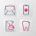 Set line Broken tooth, Coffee machine with pot, Shopping basket on mobile and Mail and e-mail icon. Vector