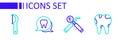 Set line Broken tooth, Dental mirror and probe, Tooth and floss icon. Vector