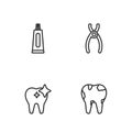 Set line Broken tooth, Tooth whitening, Tube of toothpaste and Dental pliers icon. Vector