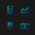 Set line Browser with exclamation mark, Binary code, Calculator and Pie chart infographic. Gradient color icons. Vector Royalty Free Stock Photo