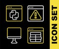 Set line Browser with exclamation mark, MySQL code, Computer monitor screen and Python programming language icon. Vector Royalty Free Stock Photo