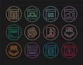 Set line Browser with exclamation mark, Processor microcircuits CPU, Binary code, Code terminal, MySQL, Flowchart and Royalty Free Stock Photo