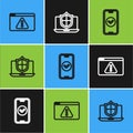 Set line Browser with exclamation mark, Smartphone and Laptop protected shield icon. Vector