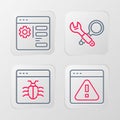 Set line Browser with exclamation mark, System bug, Debugging and setting icon. Vector Royalty Free Stock Photo