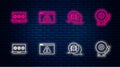 Set line Browser with exclamation mark, System bug, Laptop password and Ringing alarm bell. Glowing neon icon on brick