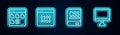 Set line Browser files, Binary code, Books about programming and Computer monitor screen. Glowing neon icon. Vector Royalty Free Stock Photo