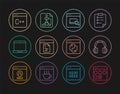 Set line Browser files, Headphones, Software, Laptop, Python programming language and Flowchart icon. Vector Royalty Free Stock Photo