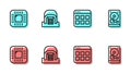 Set line Browser files, Processor with CPU, Hangar servers and Hard disk drive HDD icon. Vector