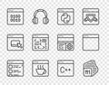 Set line Browser files, Processor, Python programming language, Software, Binary code, and window icon. Vector Royalty Free Stock Photo