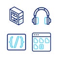 Set line Browser files, Programming language syntax, Headphones and Computer icon. Vector Royalty Free Stock Photo