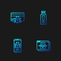 Set line Browser incognito window, System bug on mobile, credit card and USB flash drive. Gradient color icons. Vector Royalty Free Stock Photo