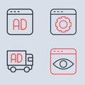 Set line Browser setting, Advertising on truck, Personal information collection and icon. Vector