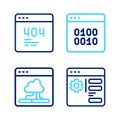Set line Browser setting, Cloud technology data transfer, Binary code and Page with 404 error icon. Vector Royalty Free Stock Photo