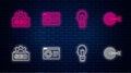 Set line Browser setting, Light bulb with concept of idea, SEO optimization and Target. Glowing neon icon on brick wall