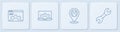 Set line Browser setting, Location with wrench spanner, Laptop and gear and Wrench. White square button. Vector