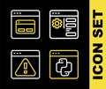Set line Browser setting, Python programming language, with exclamation mark and Search engine icon. Vector