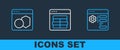 Set line Browser setting, Software and MySQL code icon. Vector