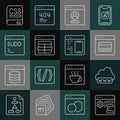 Set line Browser setting, Web development, Search engine, Create account screen, MySQL code, Code terminal, Books about Royalty Free Stock Photo